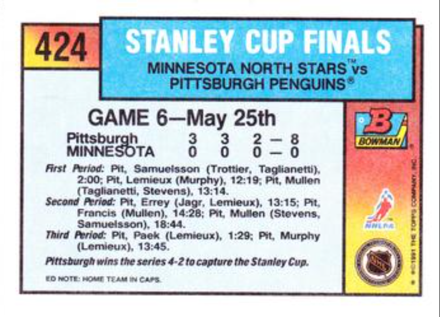 1991-92 Bowman #424 Stanley Cup Finals Game 6 Back
